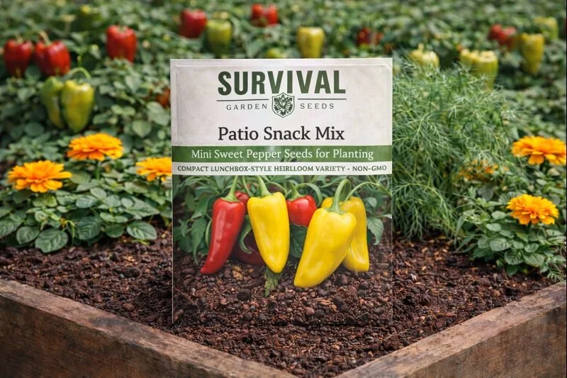 Survival Garden Seeds – Patio Snack Mix Mini Sweet Peppers 
Compact, non-GMO heirloom sweet peppers perfect for containers, patios, and small-space gardens. 