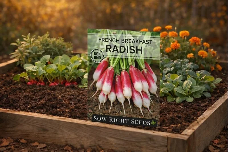 Sow Right French Breakfast radishes are a classic heirloom variety known for their fast growth and mild, slightly spicy flavor. Perfect for fall and winter gardening; they thrive in raised beds and cooler conditions, providing reliable harvests when 