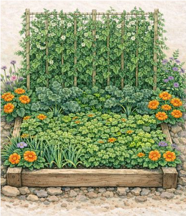 Early spring vegetable garden showing cool weather crops ready for planting in raised garden beds