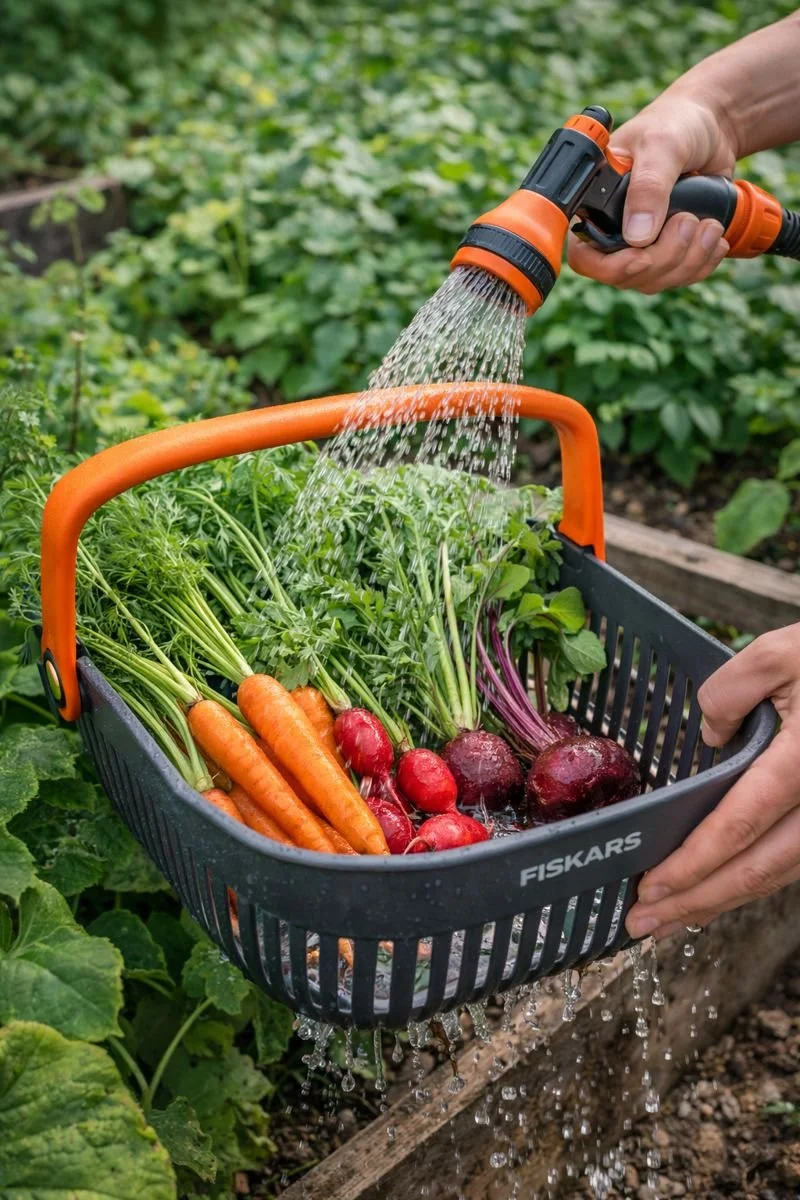 This Fiskars Garden Harvest Basket is perfect for gathering veggies, herbs, flowers, or even carrying tools around the yard. Rinse your harvest right in the basket — no mess!