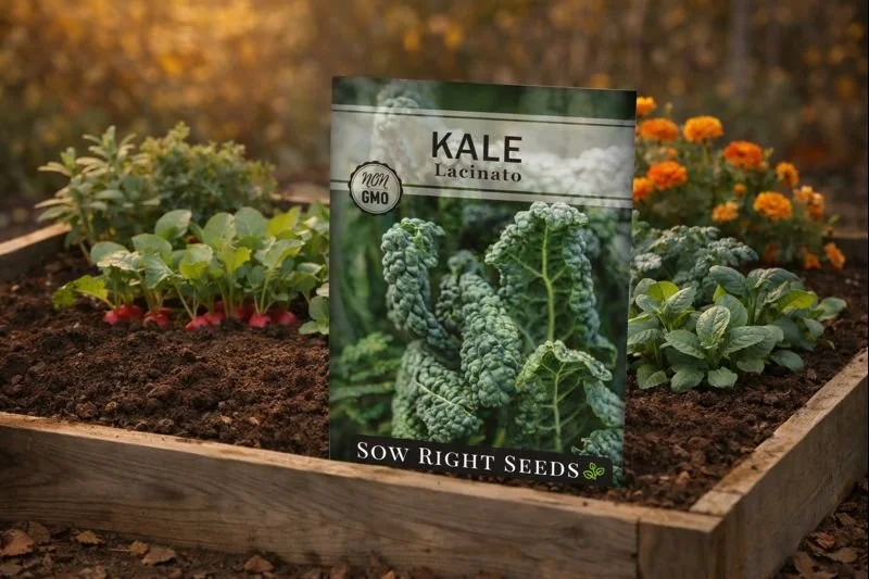 Sow Right Lacinato kale, often called dinosaur kale, is a nutrient-rich heirloom variety known for its cold tolerance and deep green leaves. Well suited for fall and winter gardening, it thrives in raised beds and cooler conditions, providing dependa