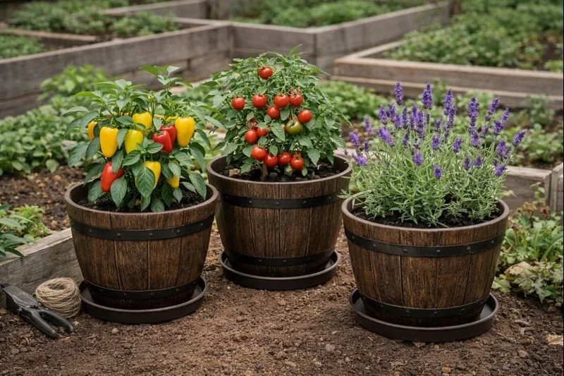 Whiskey Barrel Planters (3-Pack) with Drainage & Saucers 
A set of three rustic whiskey barrel planters with drainage holes and matching saucers — perfect for vegetables, herbs, and flowers indoors or out.
I like using these near raised beds to add e