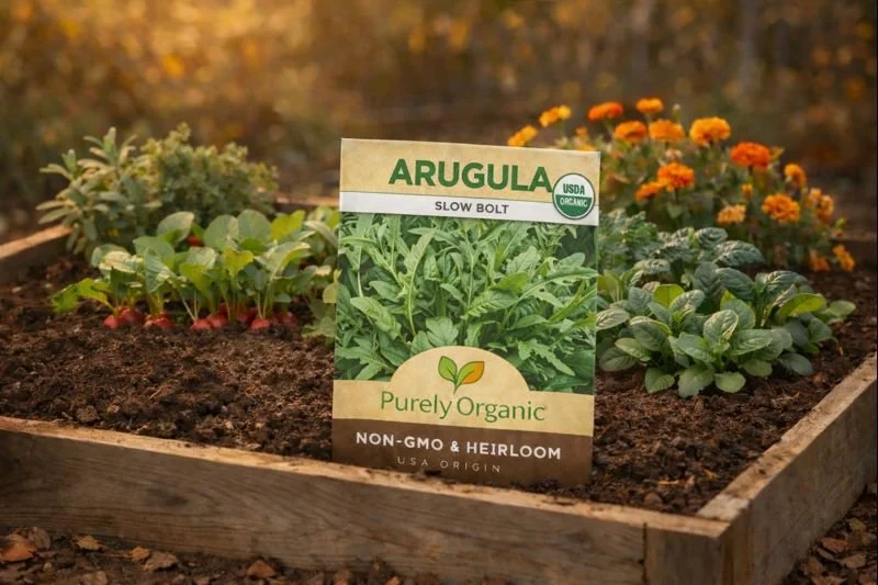 Purely Organic Slow bolt arugula is a cold-tolerant, organic heirloom variety known for its fast growth and peppery flavor. Well suited for fall and winter gardening, it thrives in raised beds and cooler conditions, offering dependable harvests when 