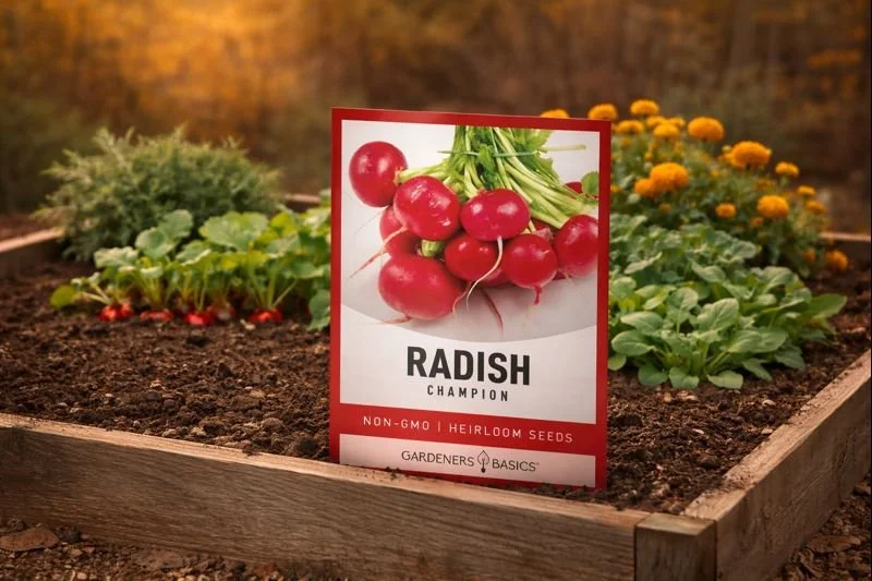 Gardeners Basics Champion radishes are a dependable heirloom variety known for their fast growth and crisp texture. Well suited for fall, winter, and early spring gardening, they thrive in raised beds and cooler conditions, providing reliable harvest