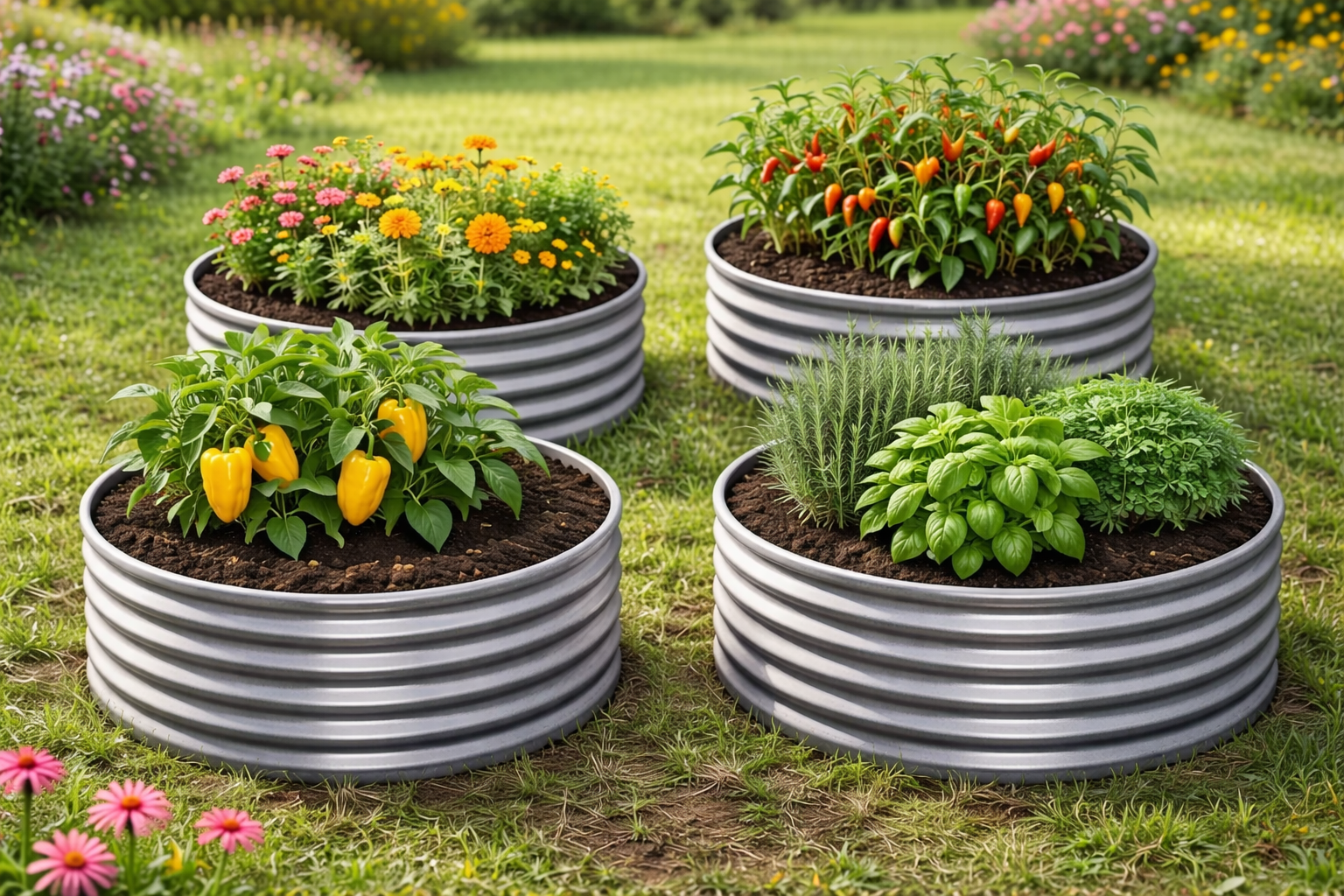 Round Raised Beds (2x2 & 3x3) 

Perfect for peppers, herbs, or flowers that benefit from consistent watering and growing independently.   