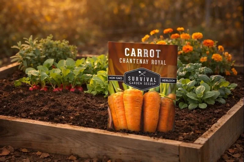 Survival Garden Seeds Royal Chantenay carrots are a classic heirloom variety known for their short, thick roots and sweet flavor. Ideal for raised beds and heavier soils, they perform especially well in fall and winter gardens when cooler temperature
