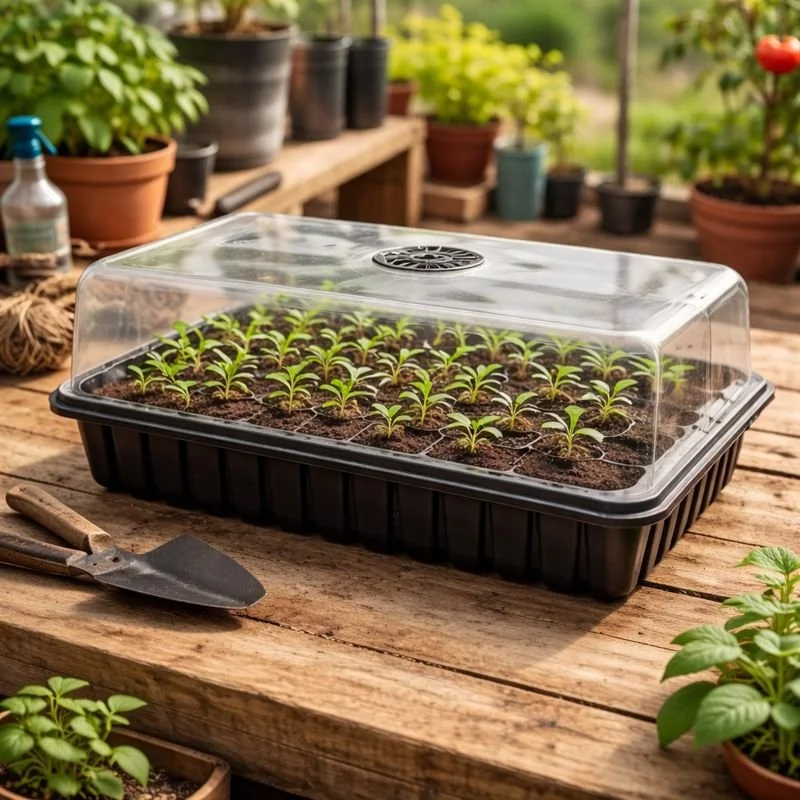 This Seed Starter Tray with Grow Light and Humidity Dome creates the ideal environment for seed germination and early plant growth. Designed for greenhouse and indoor use, the integrated grow light provides consistent illumination while the humidity 