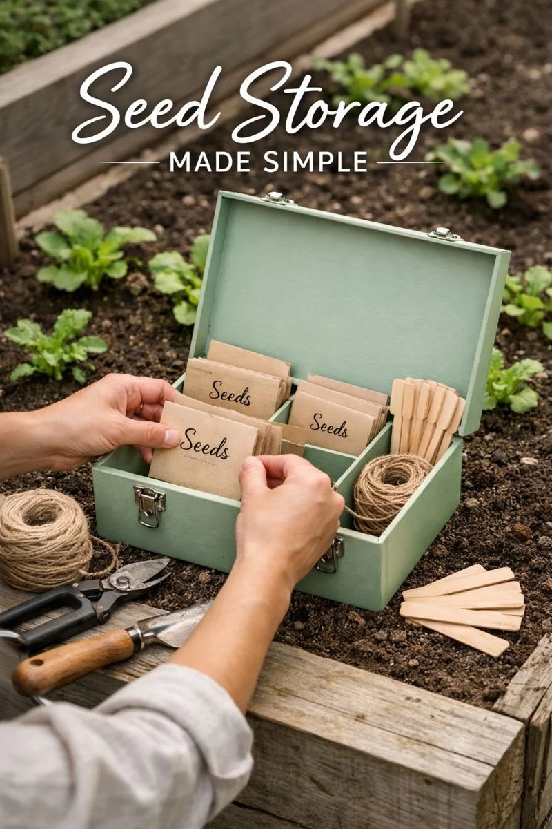 Seed Storage Box with Organizer Compartments 
A simple and practical way to organize garden seeds. Includes labeled seed envelopes, bamboo plant markers, and garden string — perfect for seed starting, raised bed planning, and keeping everything organ