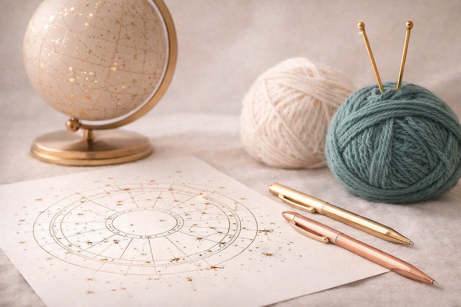 Schreibtisch mit Astrologie Globus. Auf dem Globus Fixsterne dargestellt. Sternzeichenzeichnung (Radix). Cashmere-Wolle. Stricknadeln. Astrologische Beratung- Personalcoaching-Planung