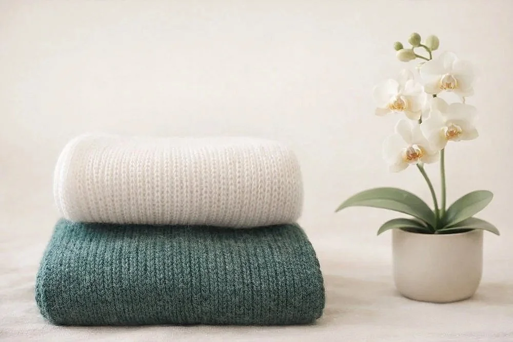 Hochwertige gestrickte Cashmere-Schals in weis und Salbeigrün neben einer Orchidee-Luxus heimtextilien. Handmade-Homemade.