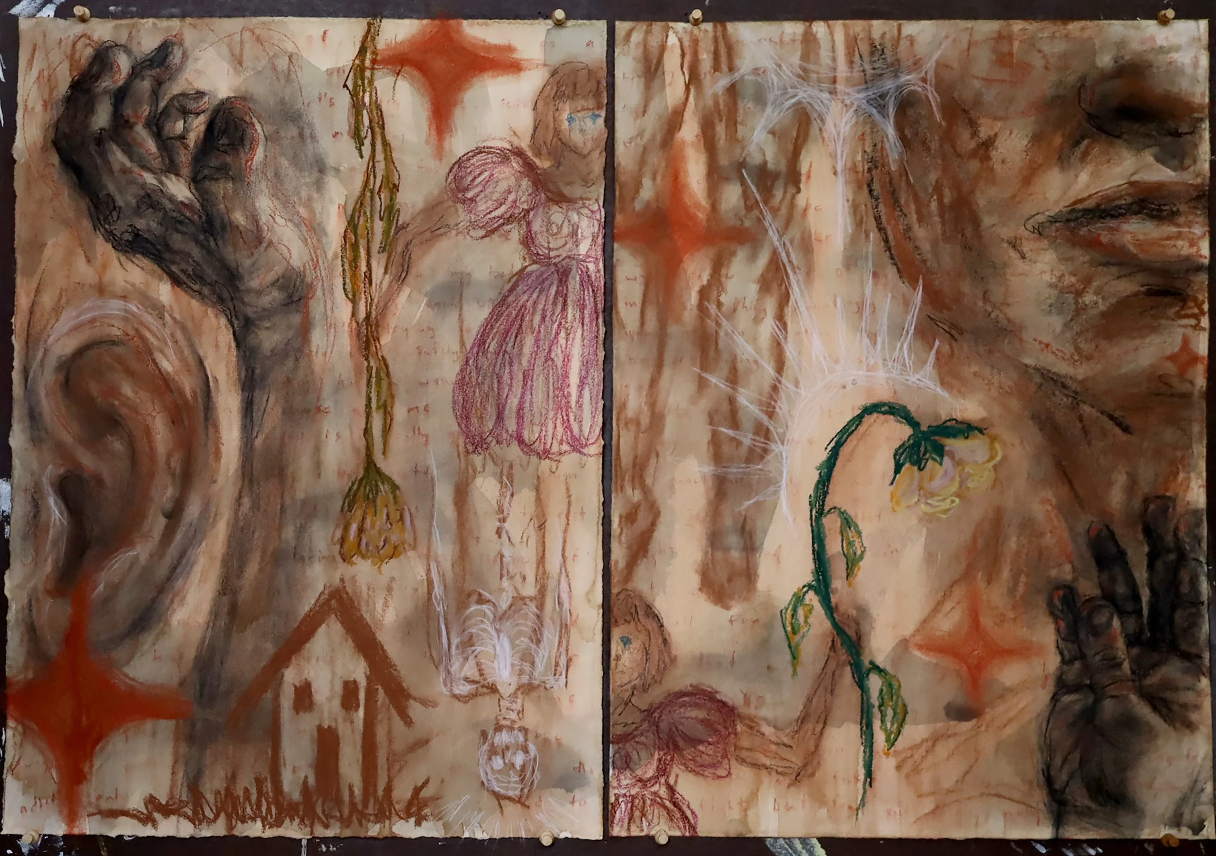 inextricable horror | 2025 | 36" x 24" | paper, conte, coffee, india ink, charcoal brown and black, and pastel