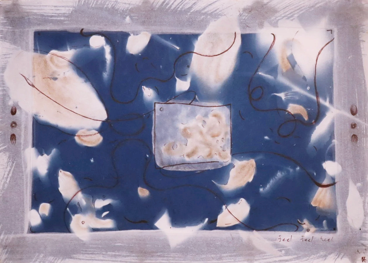 feel feel feel | 2026 | cyanotype, gesso, brown charcoal, graphite, and fine line marker