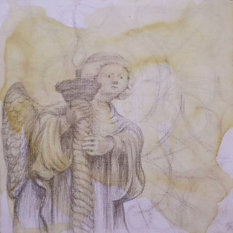 the little worrisome angel | 2026 | wood panel, gesso, yellow ink, and silverpoint