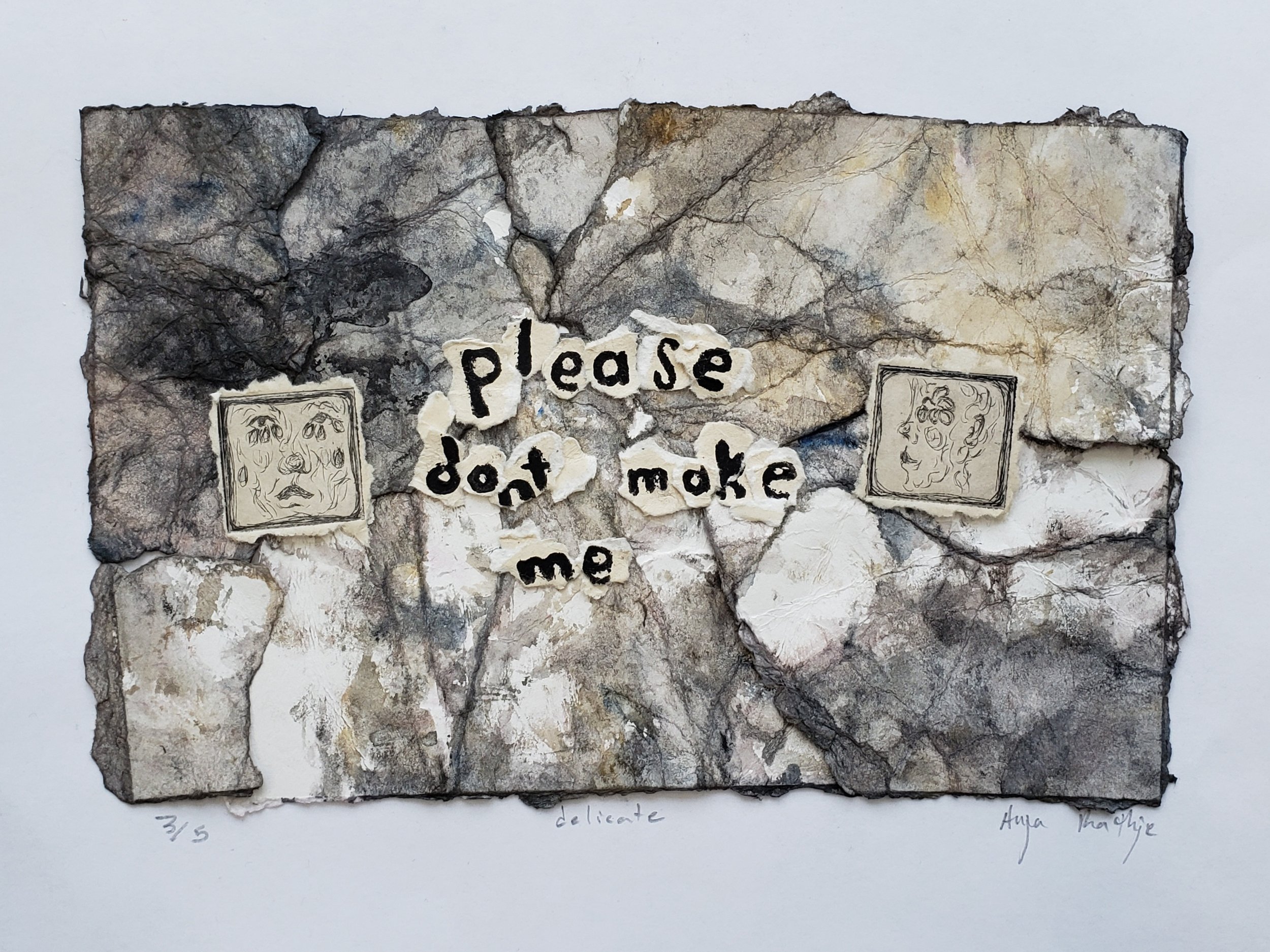delicate (3) | 2024 | 8.5" x 6" | watercolor paper, watercolor paint, calligraphy ink, acrylic paint, coffee, printing ink, linocut block, plexiglass, crafting glue