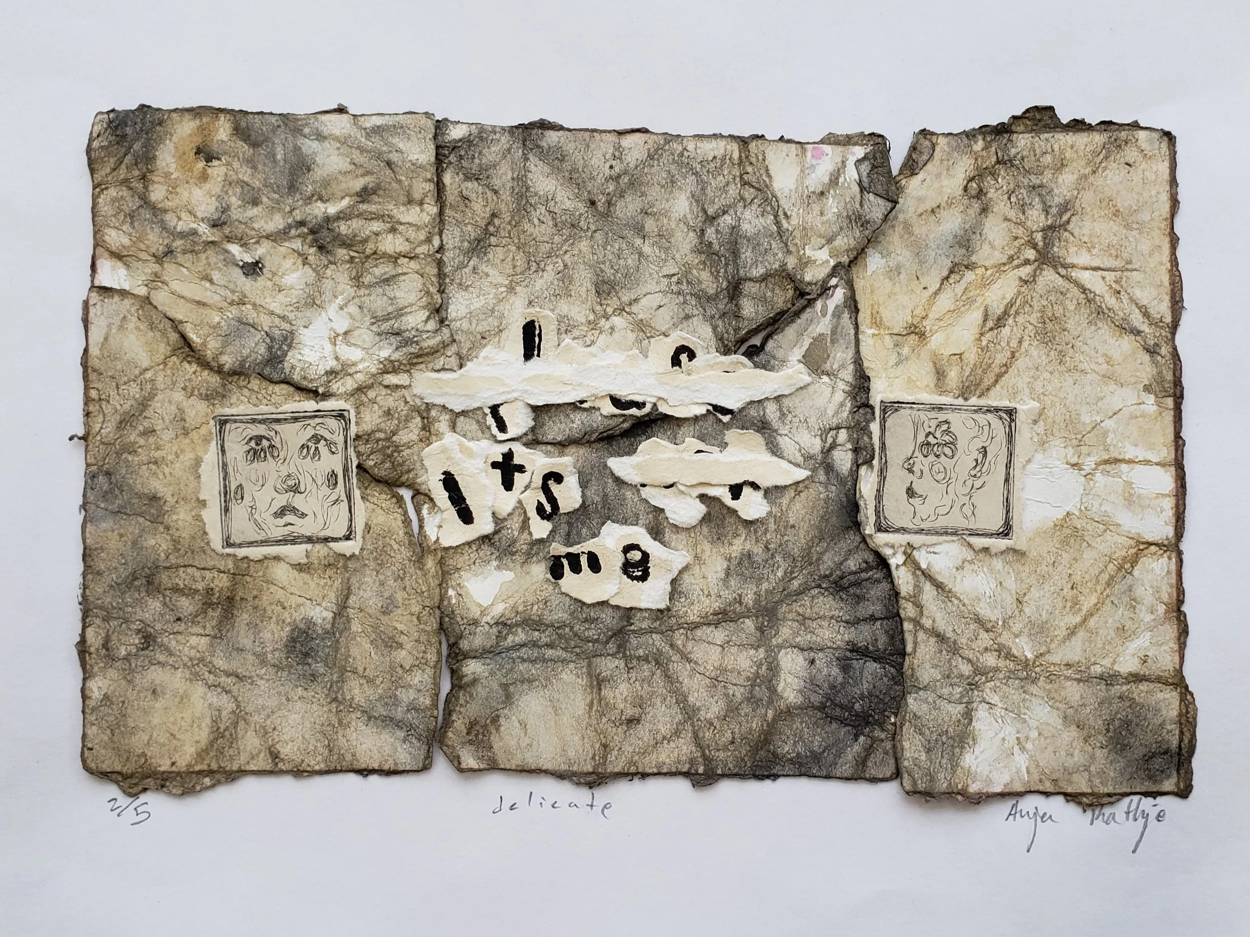 delicate (2) | 2024 | 8.5" x 6" | watercolor paper, watercolor paint, calligraphy ink, acrylic paint, coffee, printing ink, linocut block, plexiglass, crafting glue