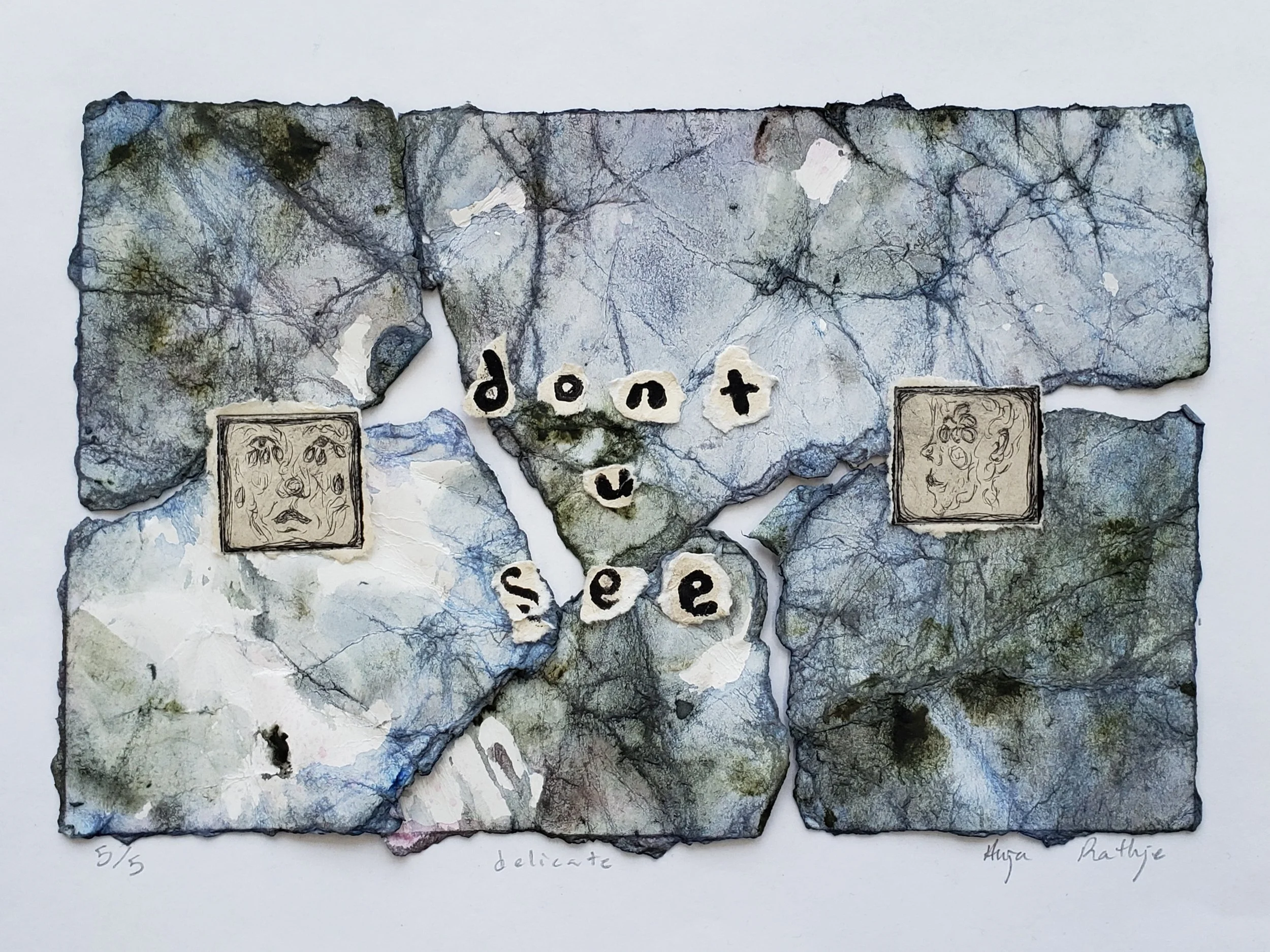 delicate (5) | 2024 | 8.5" x 6" | watercolor paper, watercolor paint, calligraphy ink, acrylic paint, coffee, printing ink, linocut block, plexiglass, crafting glue