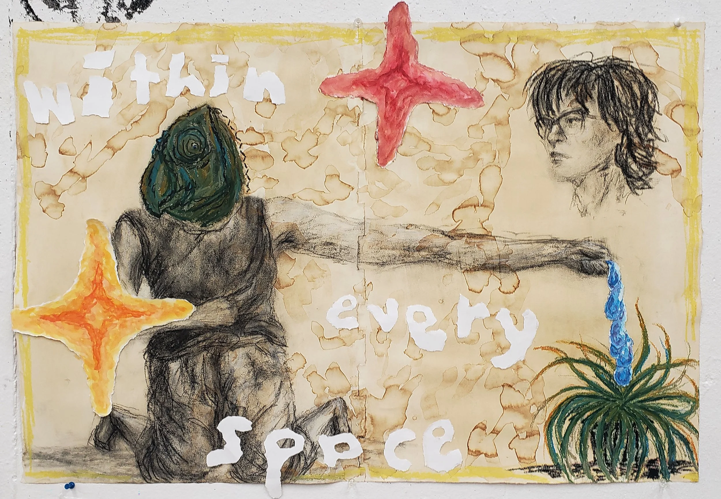 bodily stardom | 2025 | 35" x 26" | coffee, glue, charcoal, pastel, and paper