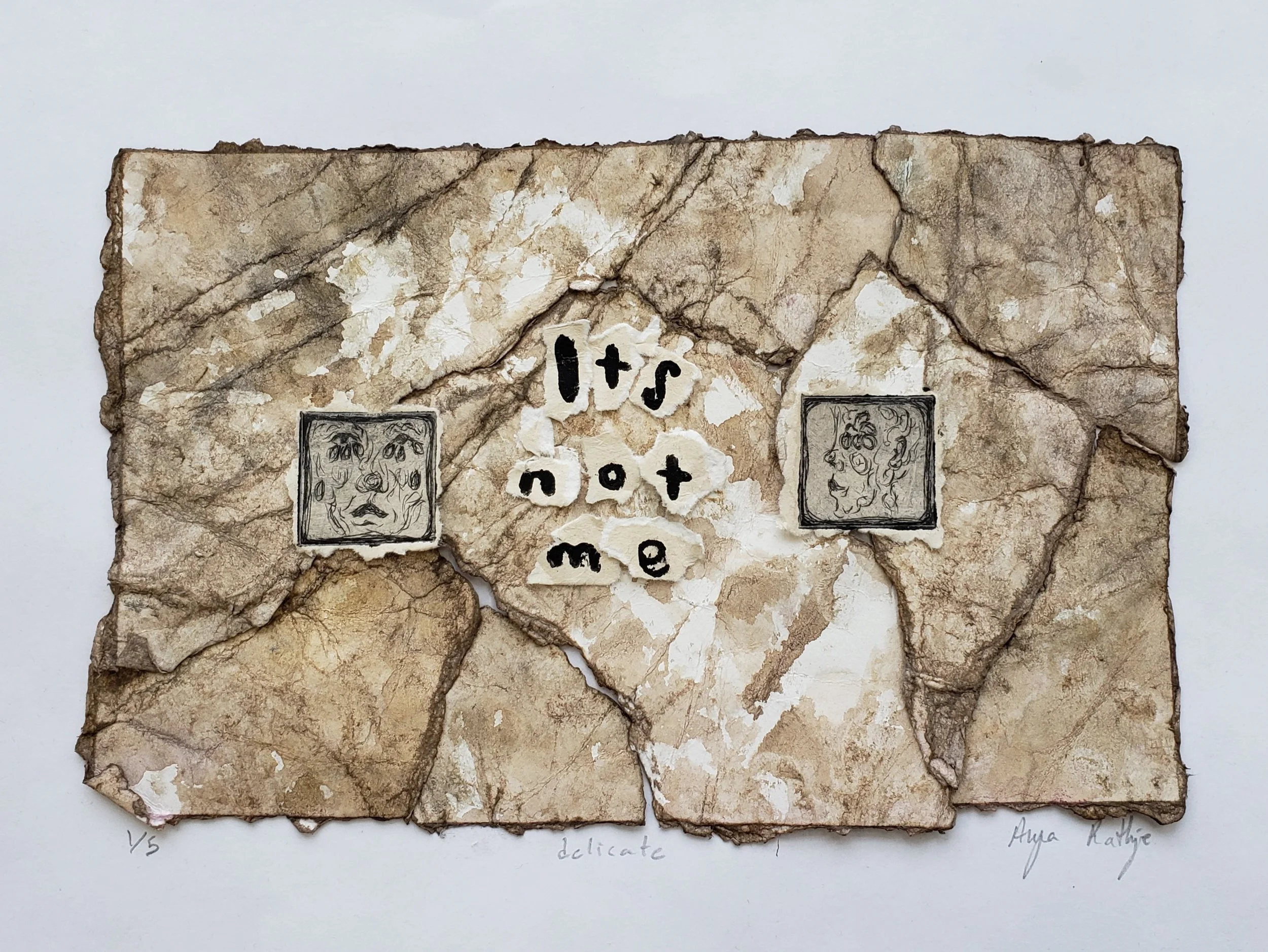 delicate (1) | 2024 | 8.5" x 6" | watercolor paper, watercolor paint, calligraphy ink, acrylic paint, coffee, printing ink, linocut block, plexiglass, crafting glue