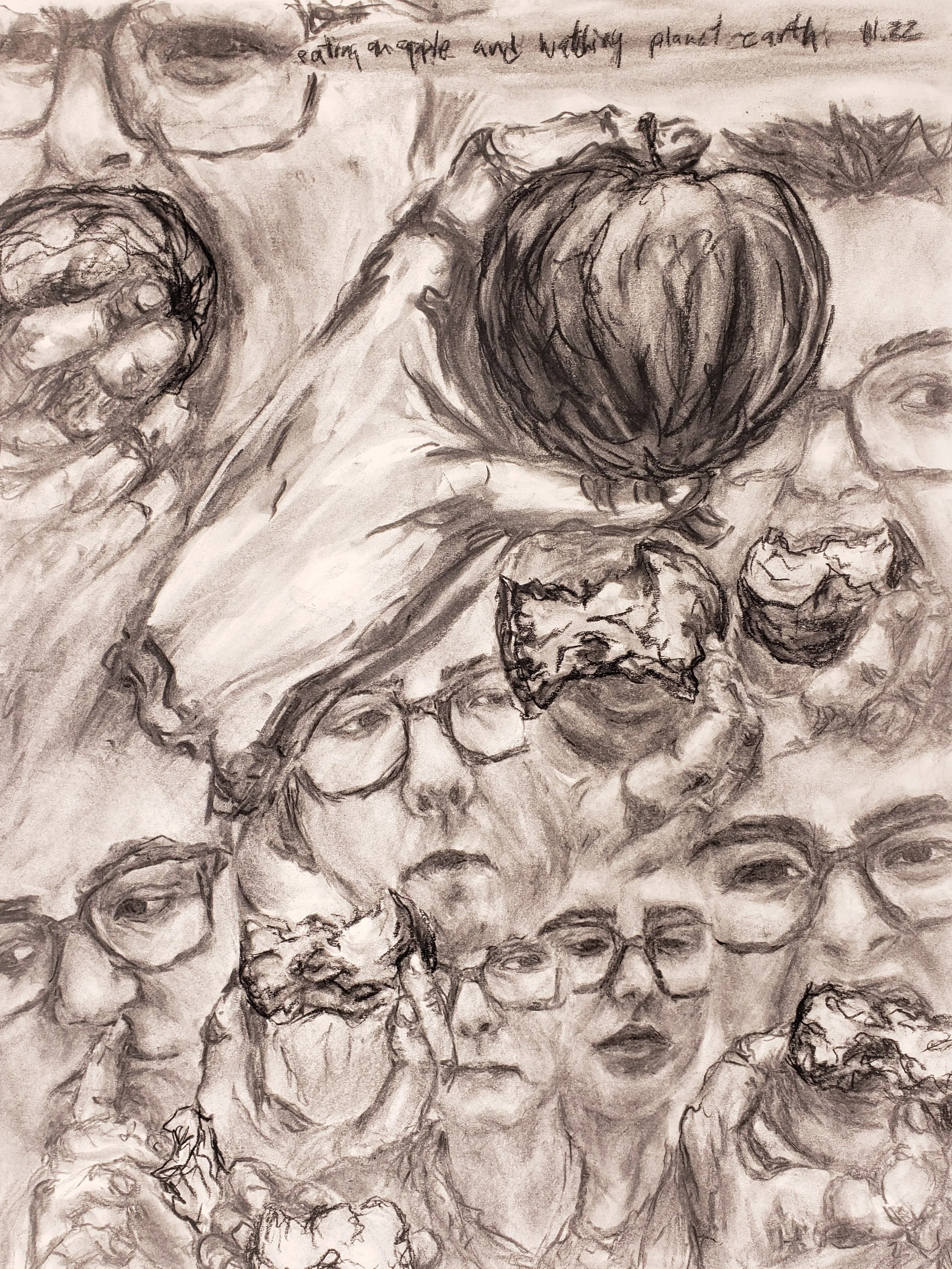 eating an apple and watching planet earth, 2024, charcoal