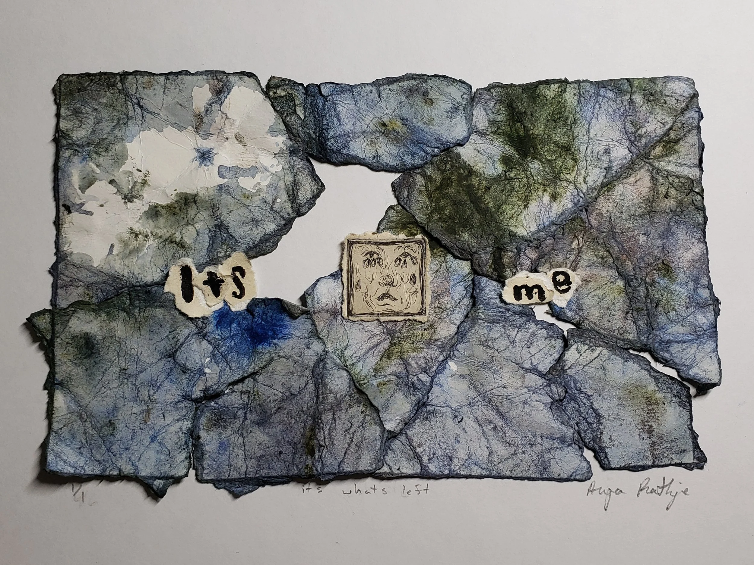 it's what's left | 2024 | 9" x 5.875" | watercolor paper, watercolor paint, calligraphy ink, acrylic paint, coffee, printing ink, linocut block, plexiglass, crafting glue