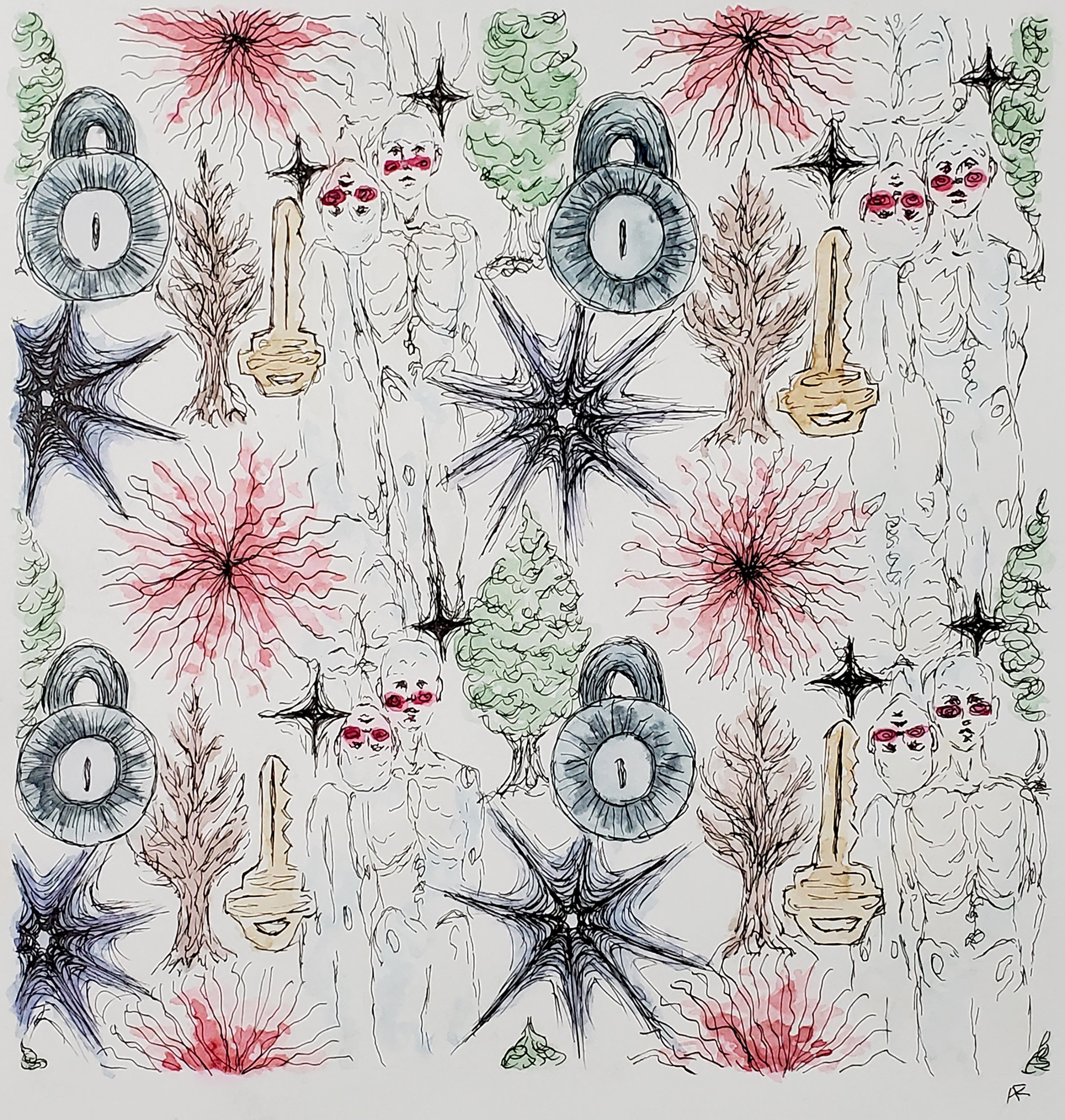 mirror | 2024 | black fine line pens, watercolor, pencil, and bristol paper