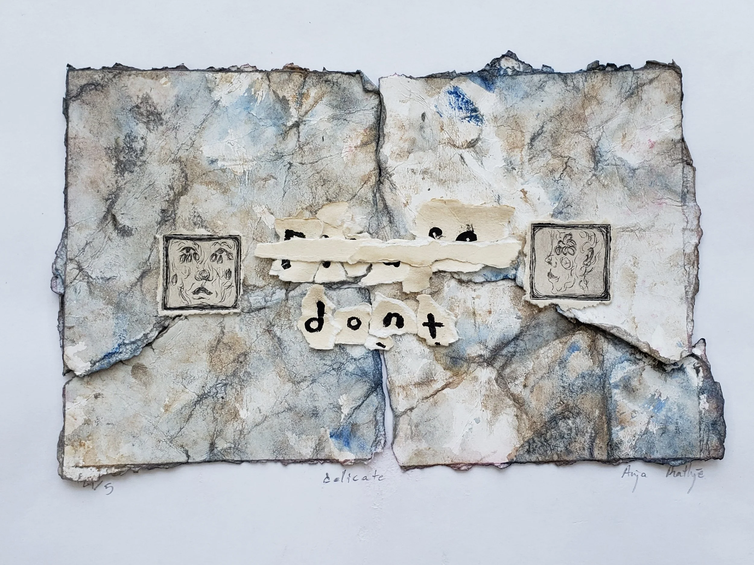 delicate (4) | 2024 | 8.5" x 6" | watercolor paper, watercolor paint, calligraphy ink, acrylic paint, coffee, printing ink, linocut block, plexiglass, crafting glue