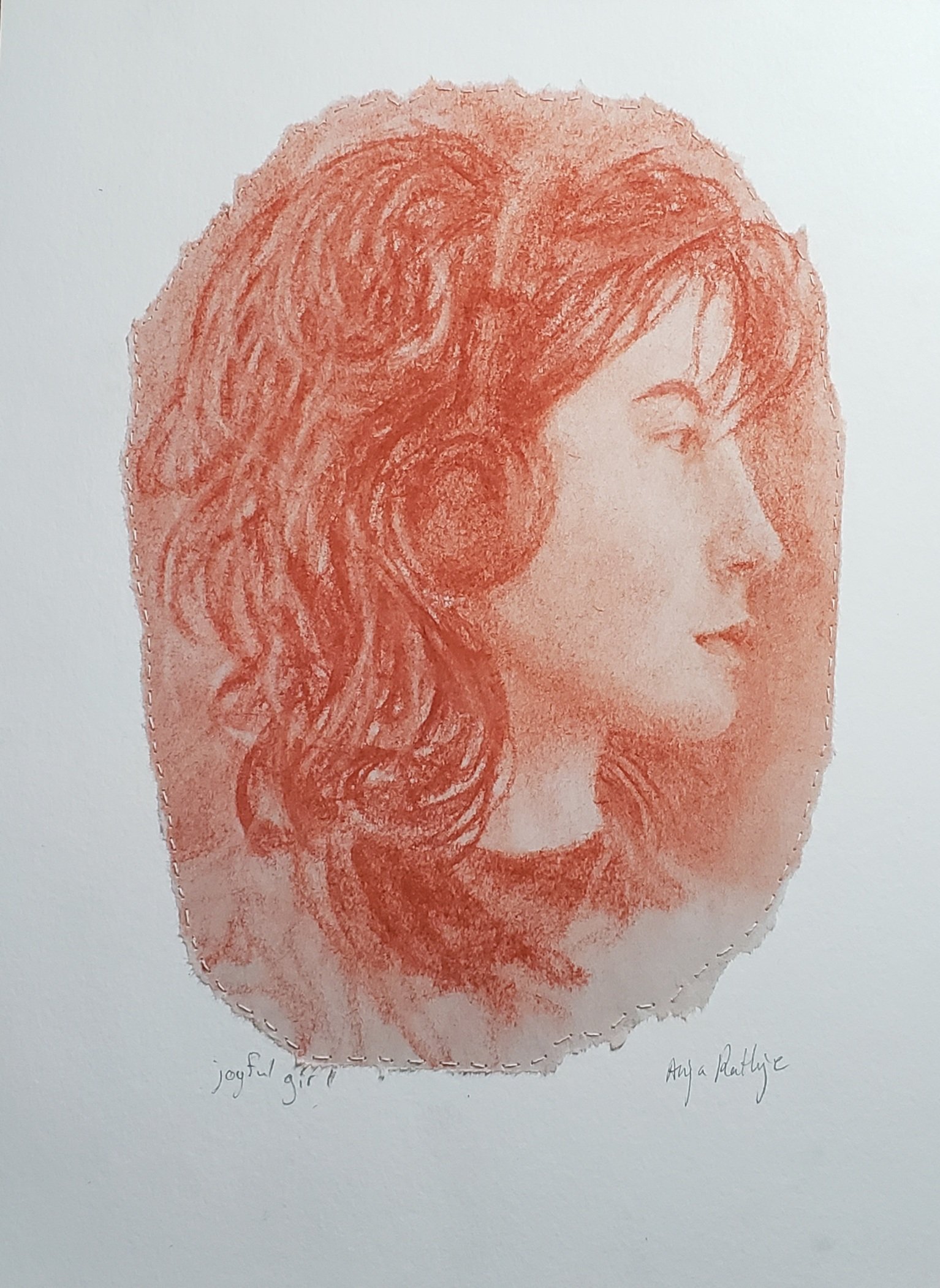 joyful girl | 2023 | 7" x 9.5" | conte, newsprint paper, embroidery floss, watercolor paper