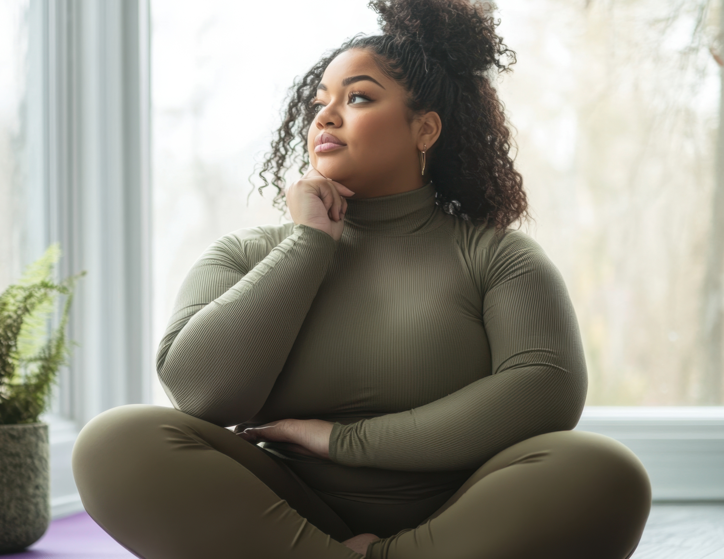 A woman sitting cross-legged indoors near a large window, deep in thought with her chin resting on her hand.