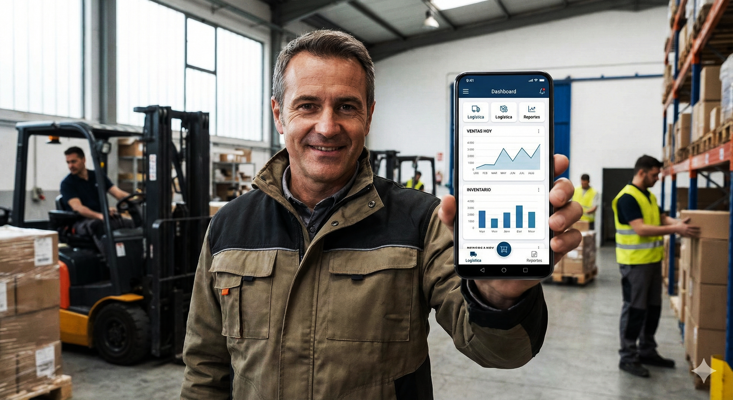 A man in a warehouse is holding a smartphone showing a dashboard with sales and inventory graphs. In the background, other workers are organizing boxes on shelves, and a forklift is moving pallets.