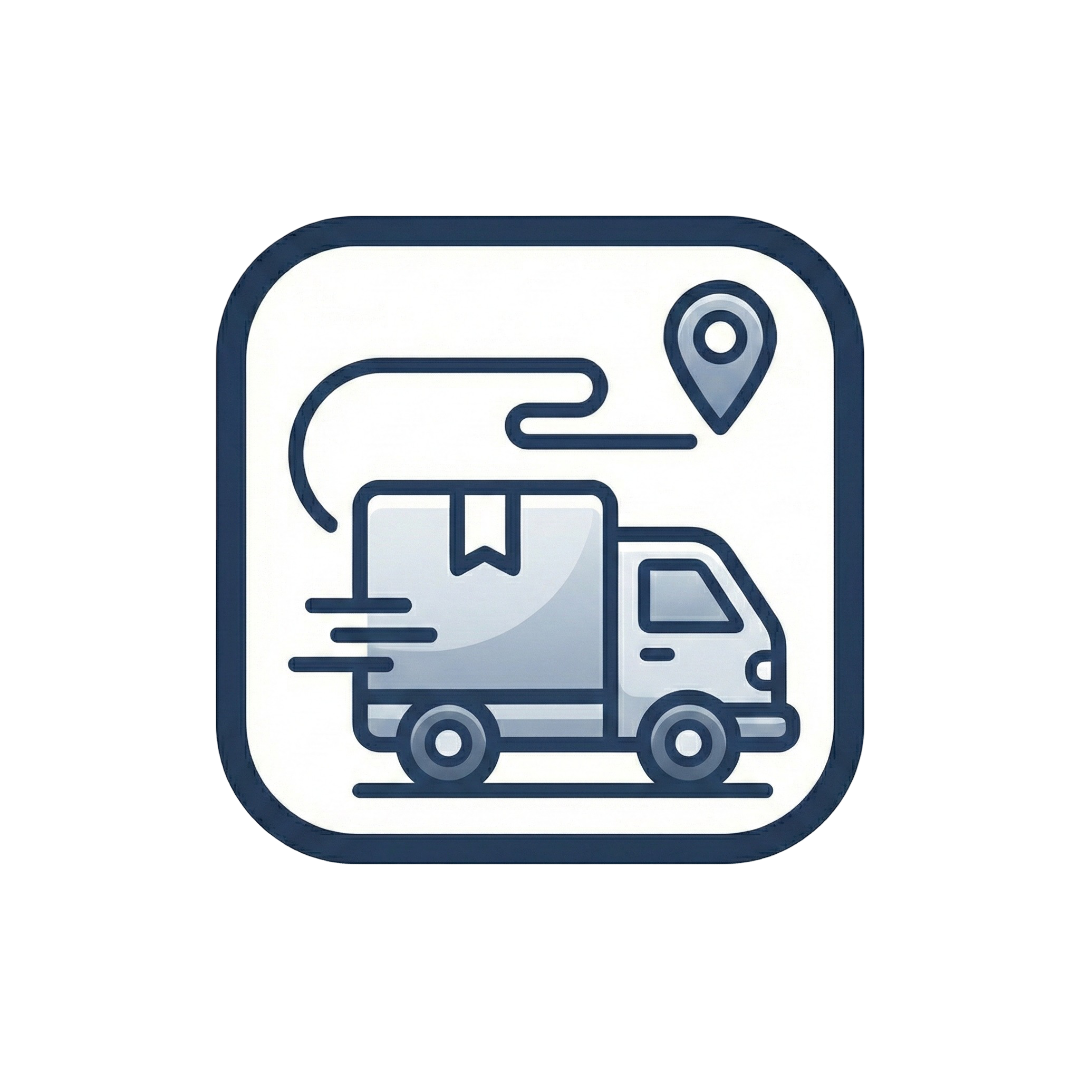 Package delivery truck icon with a location pin