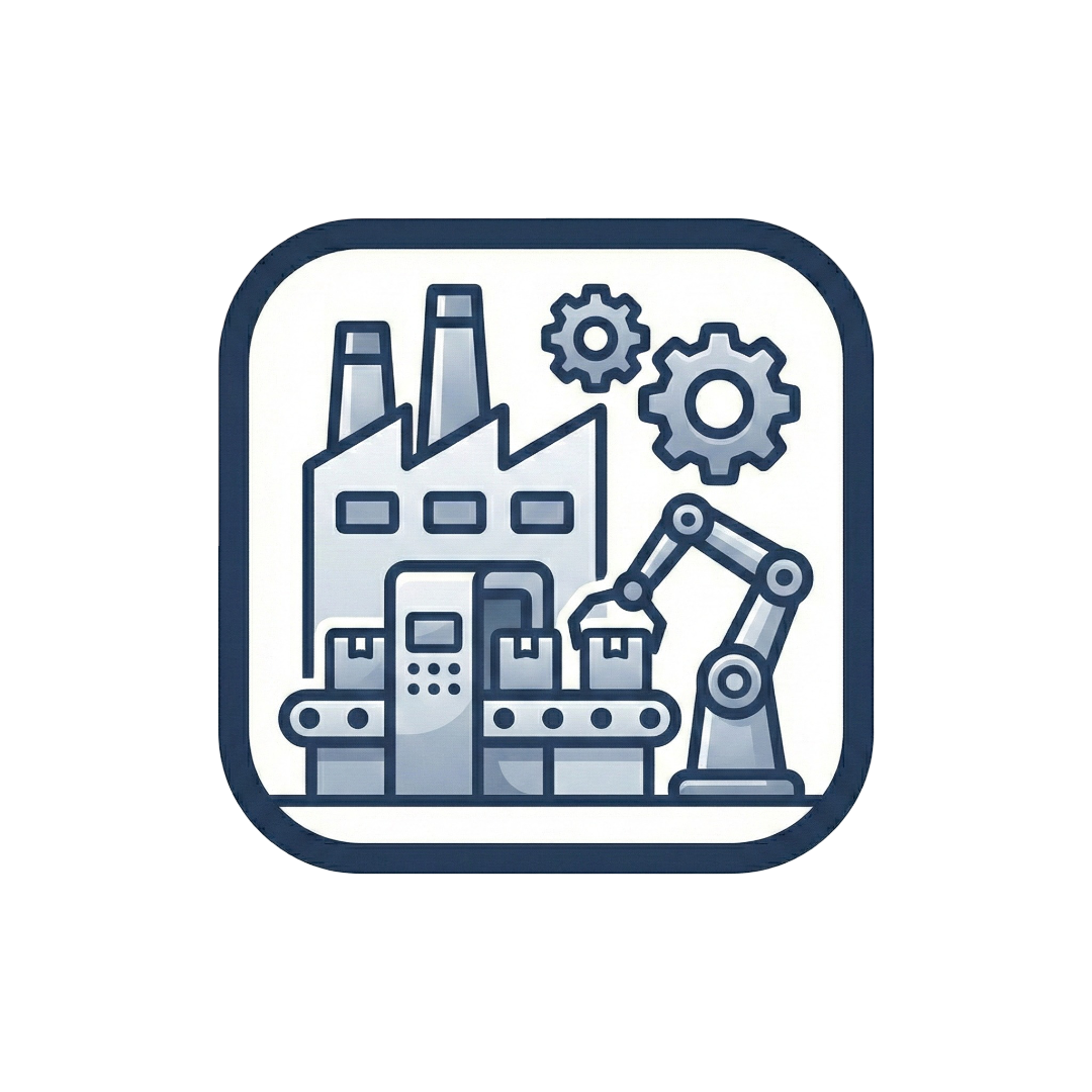 Icon of a factory with robotic arms and gears, symbolizing manufacturing automation.