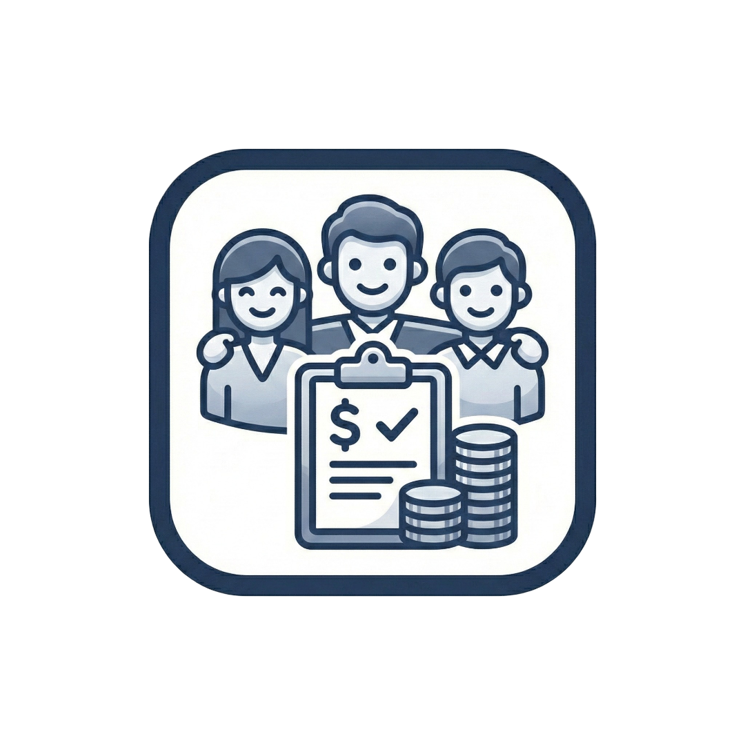 Icon of three smiling people, a clipboard with a checkmark and dollar sign, and stacks of coins, representing financial support or team funding.