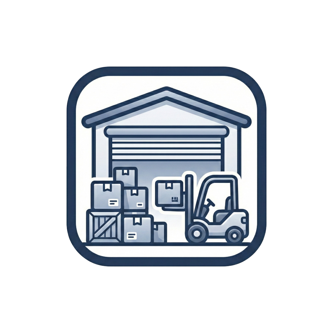 An icon of a warehouse with boxes and a forklift.