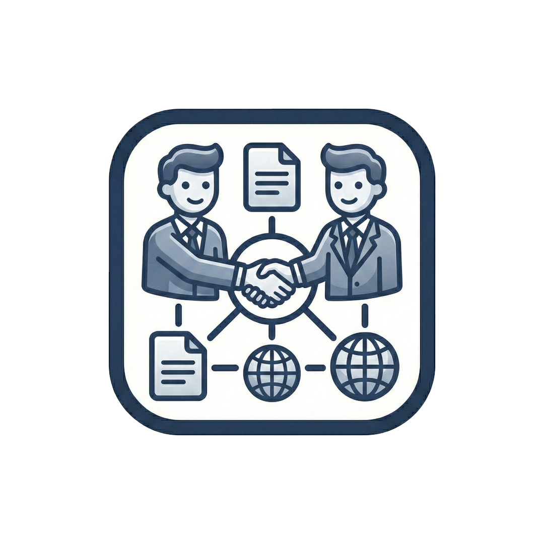 Icon of two businessmen shaking hands, with documents and globes surrounding them, representing global business agreement or partnership.