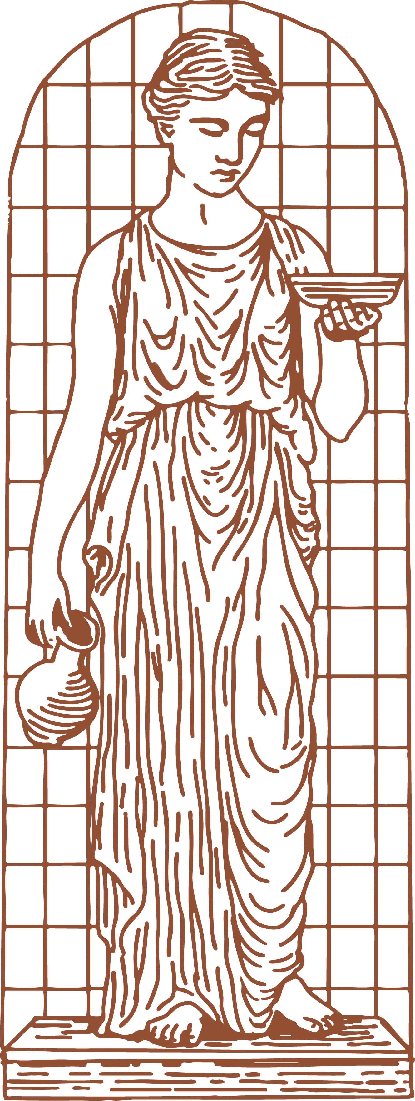 Line art illustration of a standing woman in classical attire, holding a vessel in one hand and a bowl in the other, with a grid background and an arched top.