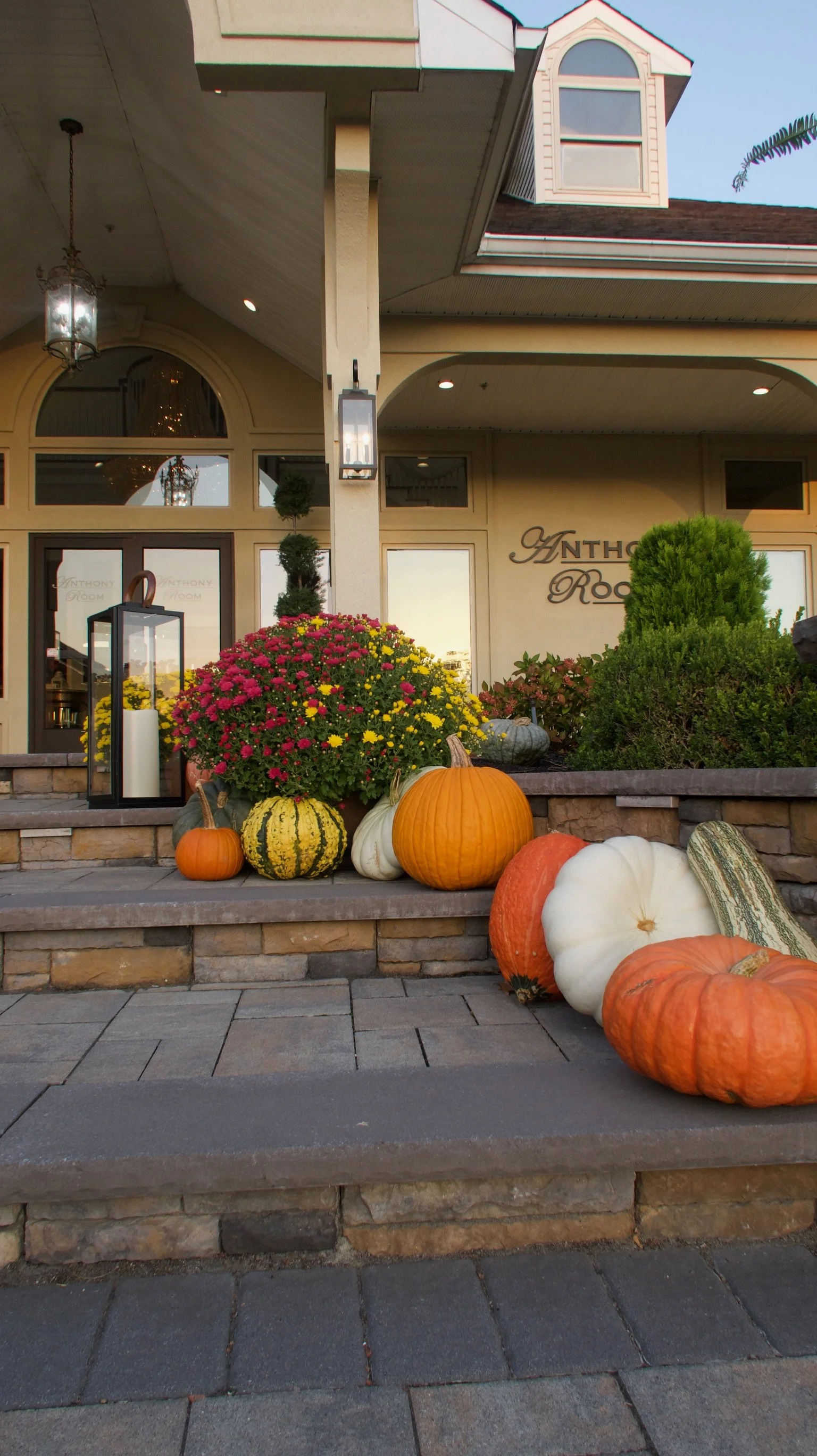 Autumn display of pumpkins and chrysanthemums on front steps of a house.