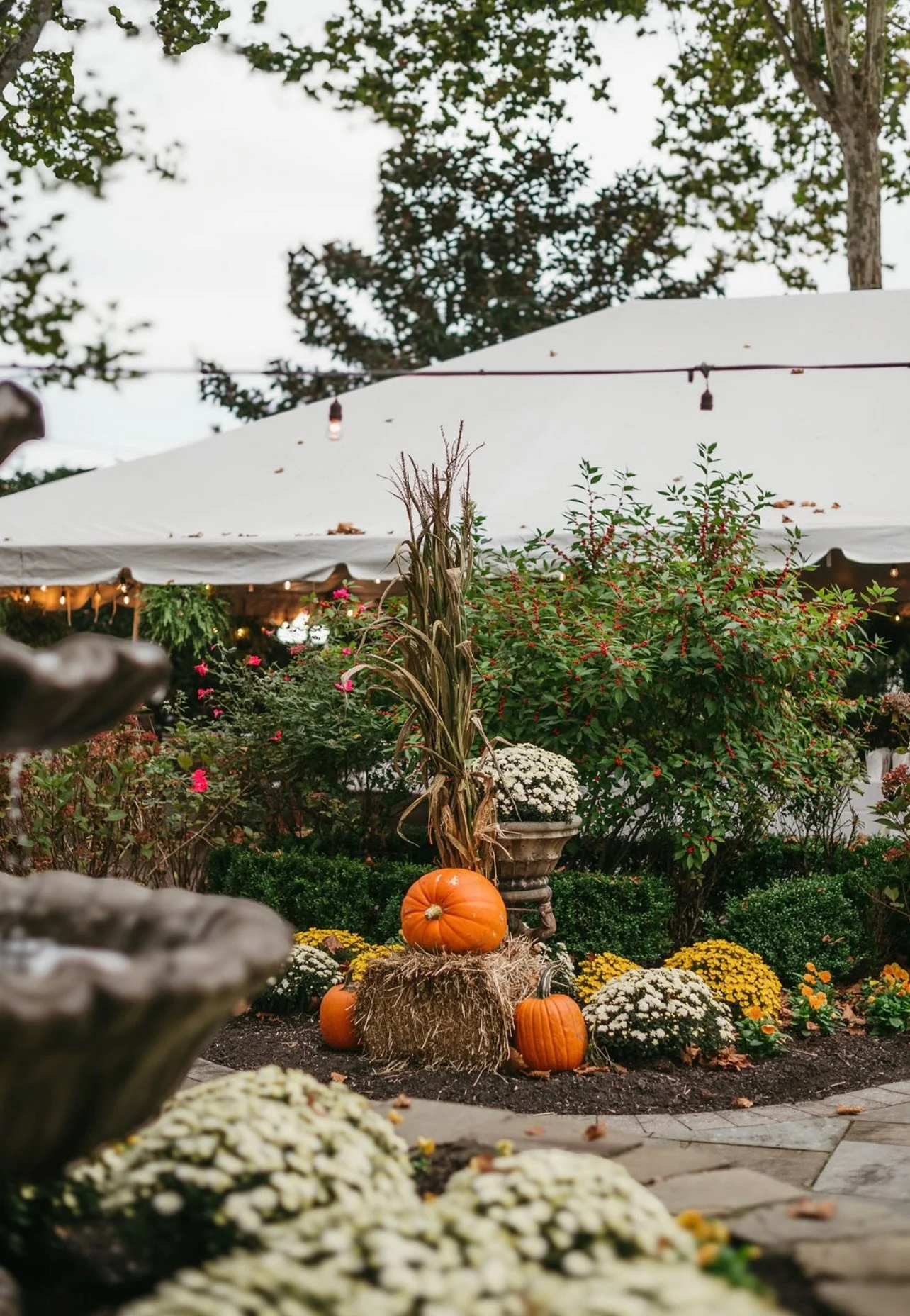 Decorative fall garden scene with pumpkins, hay bales, colorful flowers, and a white canopy tent in the background.