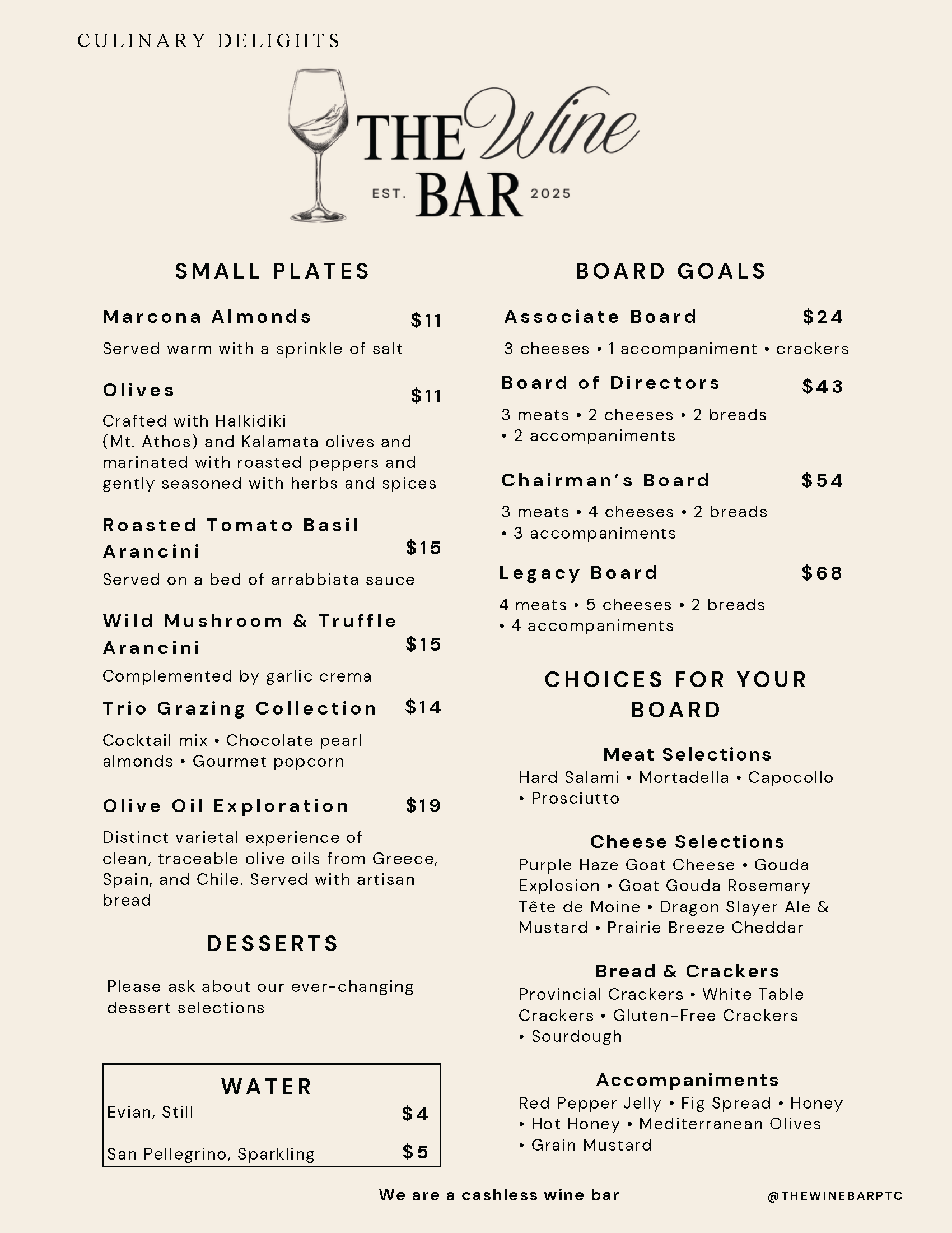 Menu for The Wine Bar listing small plates, board goals, board options, choices for your board, desserts, water options, and contact info.