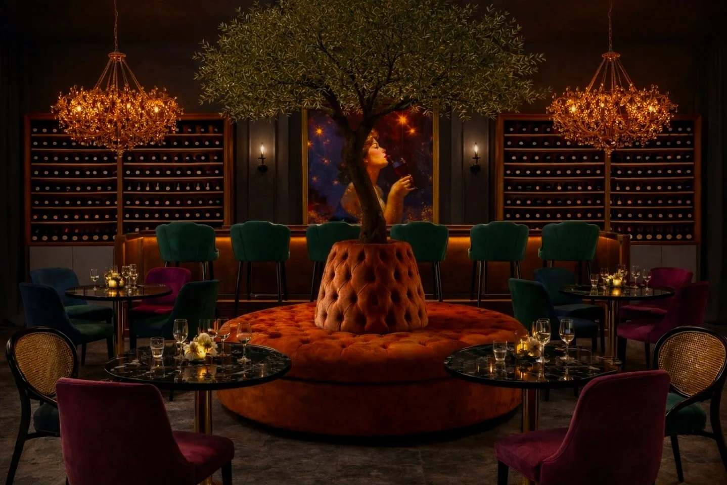 The Wine Bar Concept. An elevated lounge with a robust wine menu and full bar.