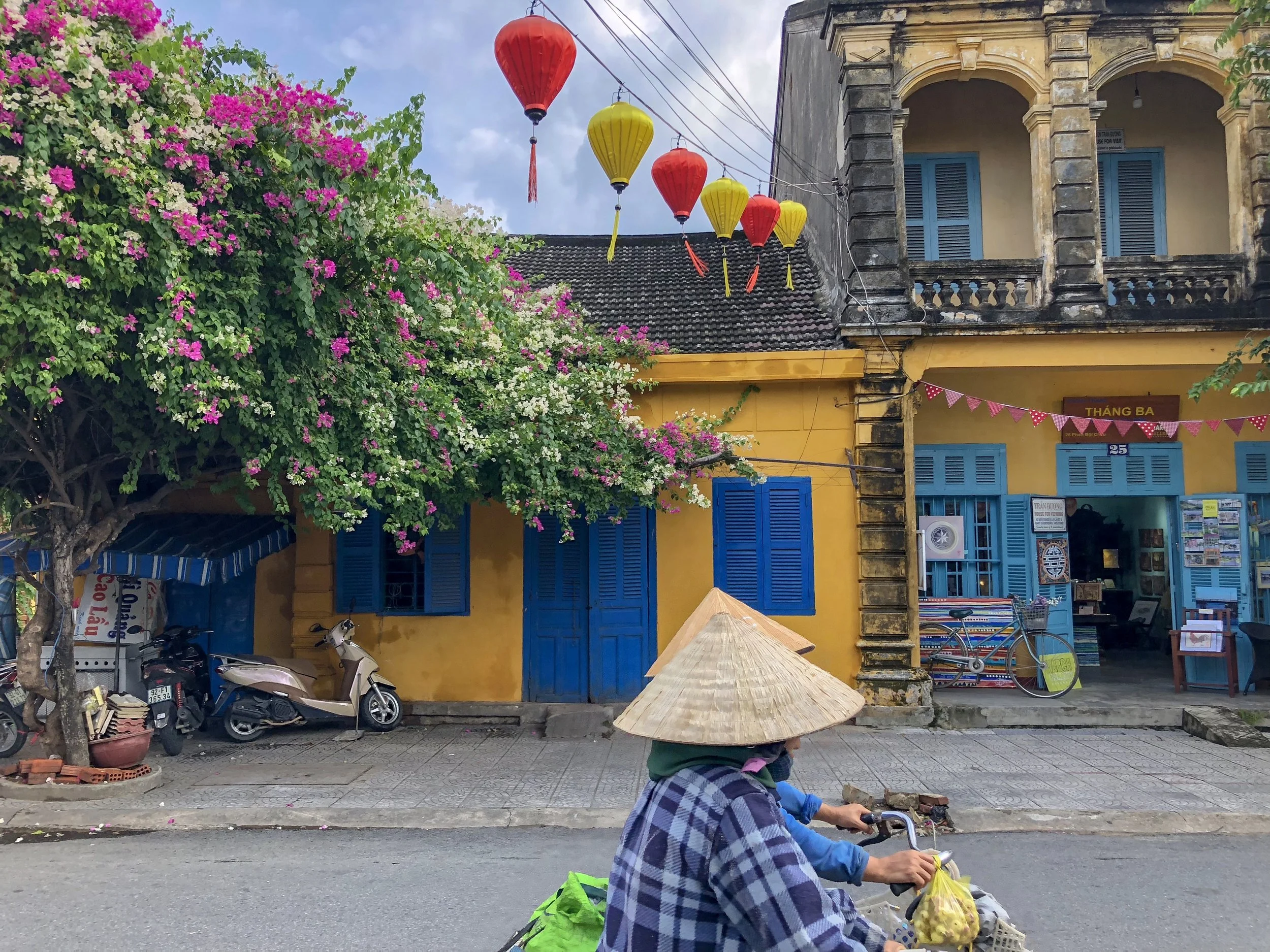 Street scene with a person riding a bicycle in front of a bright yellow building with blue shutters. Colorful lanterns hang above, and a flowering tree with pink and white blooms is on the left side.
