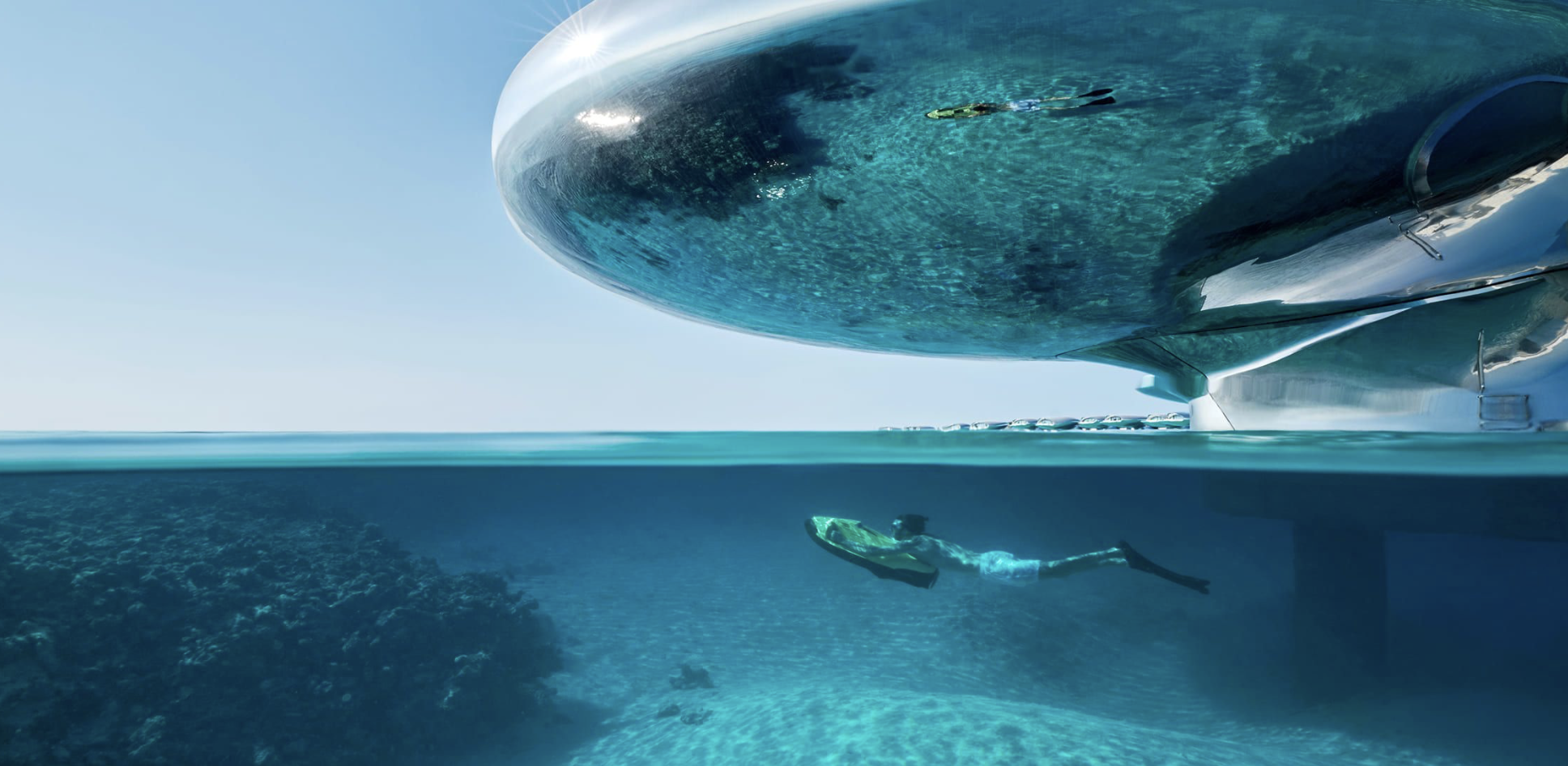 A person swimming underwater near a large, futuristic boat floating on the ocean surface under a clear sky.