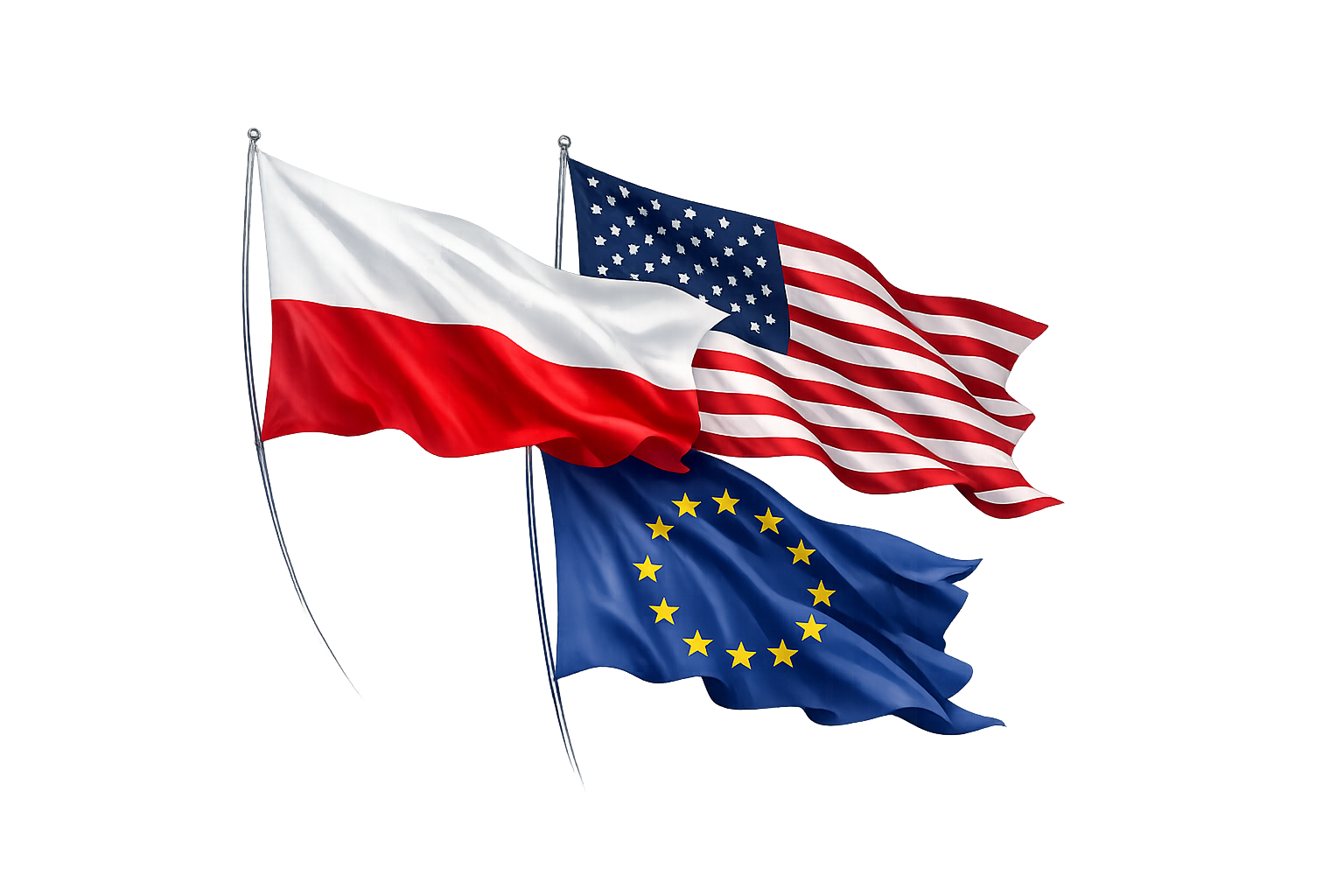 Four flags flying: Poland, United States, European Union, and France.