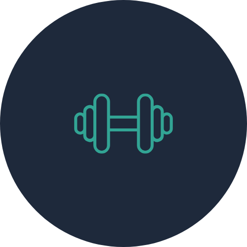 Icon of a dumbbell on a dark blue circular background.