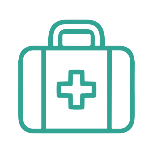 Outline of a medical emergency kit with a cross symbol in the center.