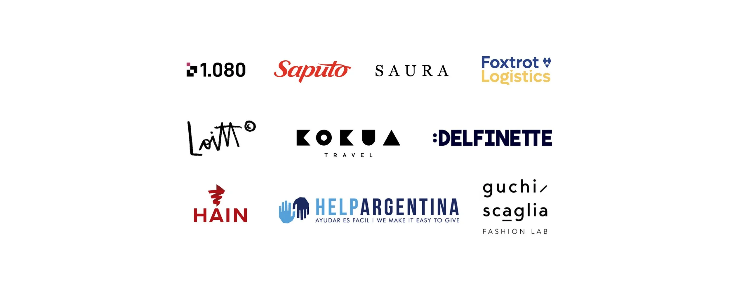 Colección de logos de varias empresas y organizaciones en diferentes estilos de tipografía y color, incluyendo SAPUTO, SAURA, FOXTROT LOGISTICS, LOETTA, KOKUA TRAVEL, DELFINETTE, HAIN, HELPARIENTA y GUSHI SCAGLIA FASHION LAB.
