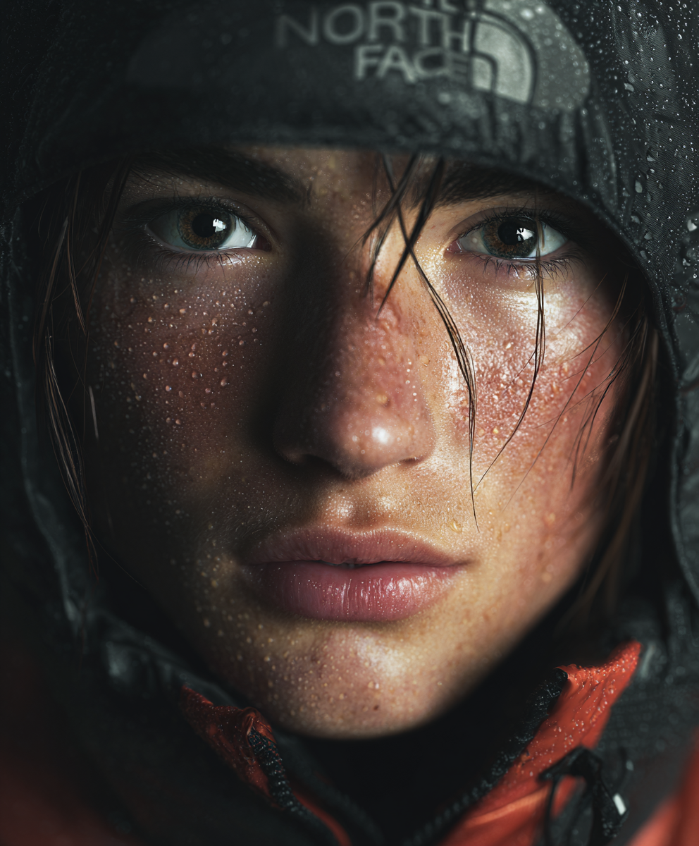 Close-up of a woman with wet hair and face, wearing a black North Face jacket, looking directly at the camera in a rainy or humid environment.