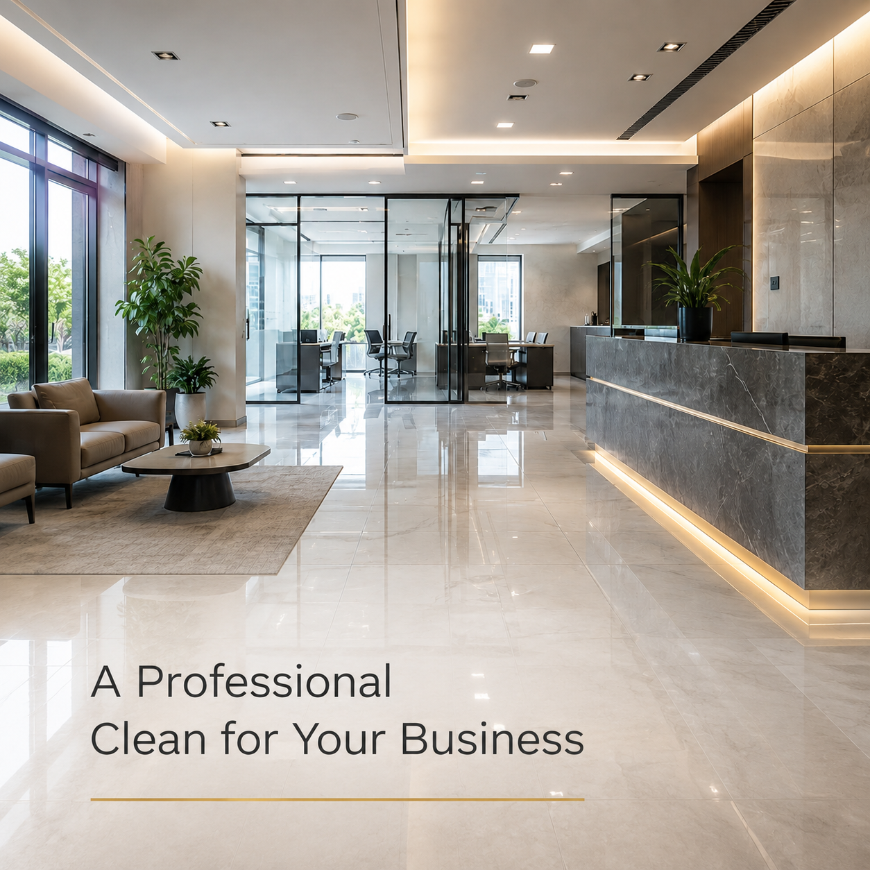 Modern office lobby with seating area, glass walls, conference rooms, marble flooring, and reception desk with potted plant.