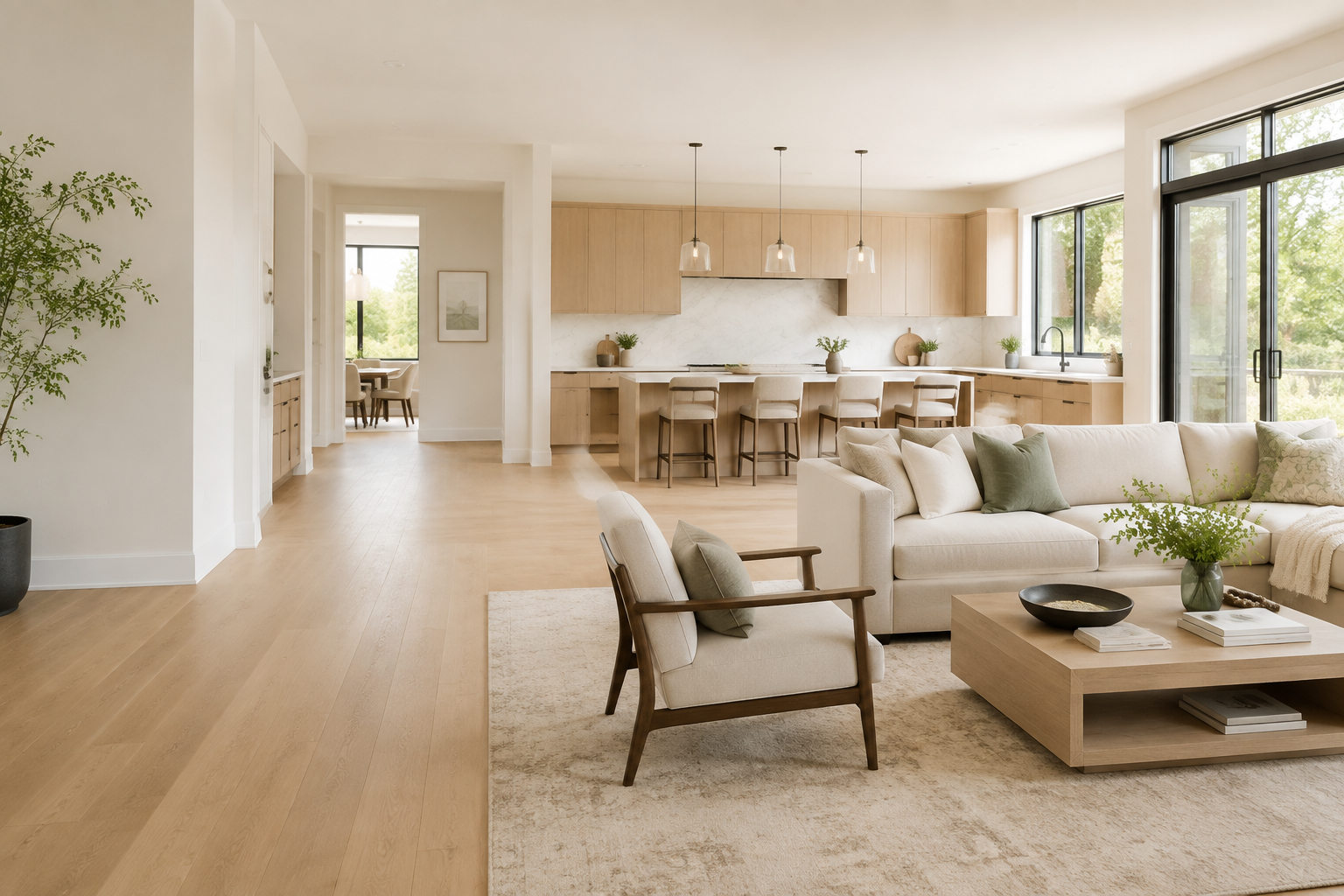 Bright, spotless premium living room and kitchen in a St. Charles-style suburban home