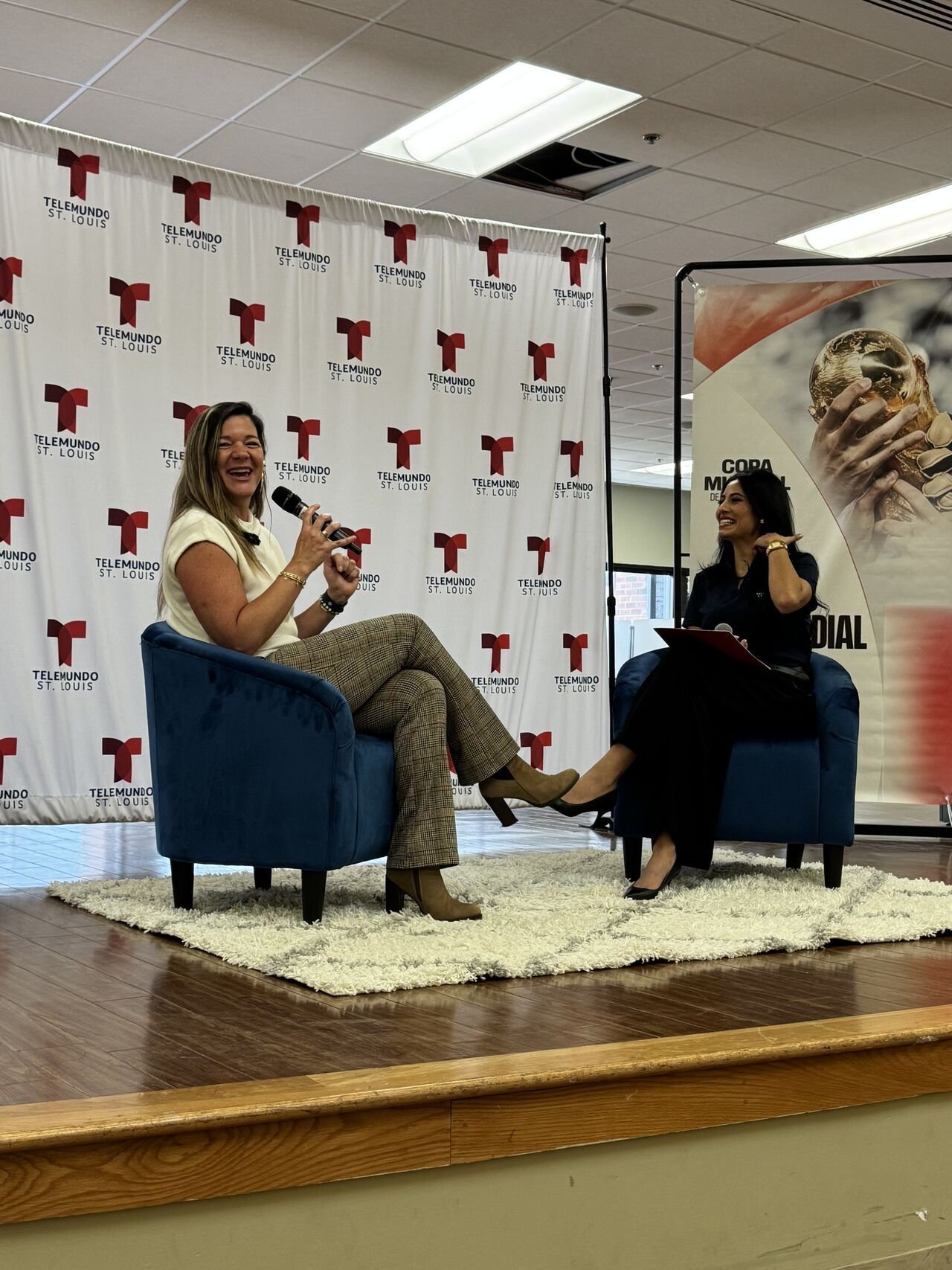 Karina Ball being interviewed on Telemundo