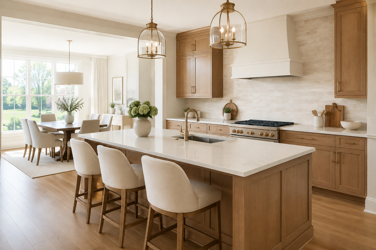 Spotless premium kitchen with warm wood cabinetry and bright natural light